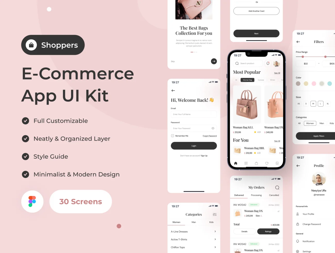 30屏潮流服饰轻奢箱包电商网购平台应用UI设计套件 Shoppers – E-Commerce App UI Kit .figma插图1