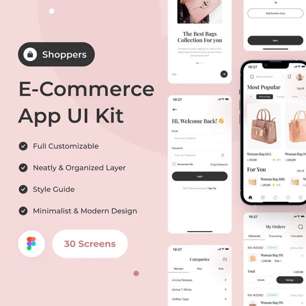 30屏潮流服饰轻奢箱包电商网购平台应用UI设计套件 Shoppers - E-Commerce App UI Kit .figma