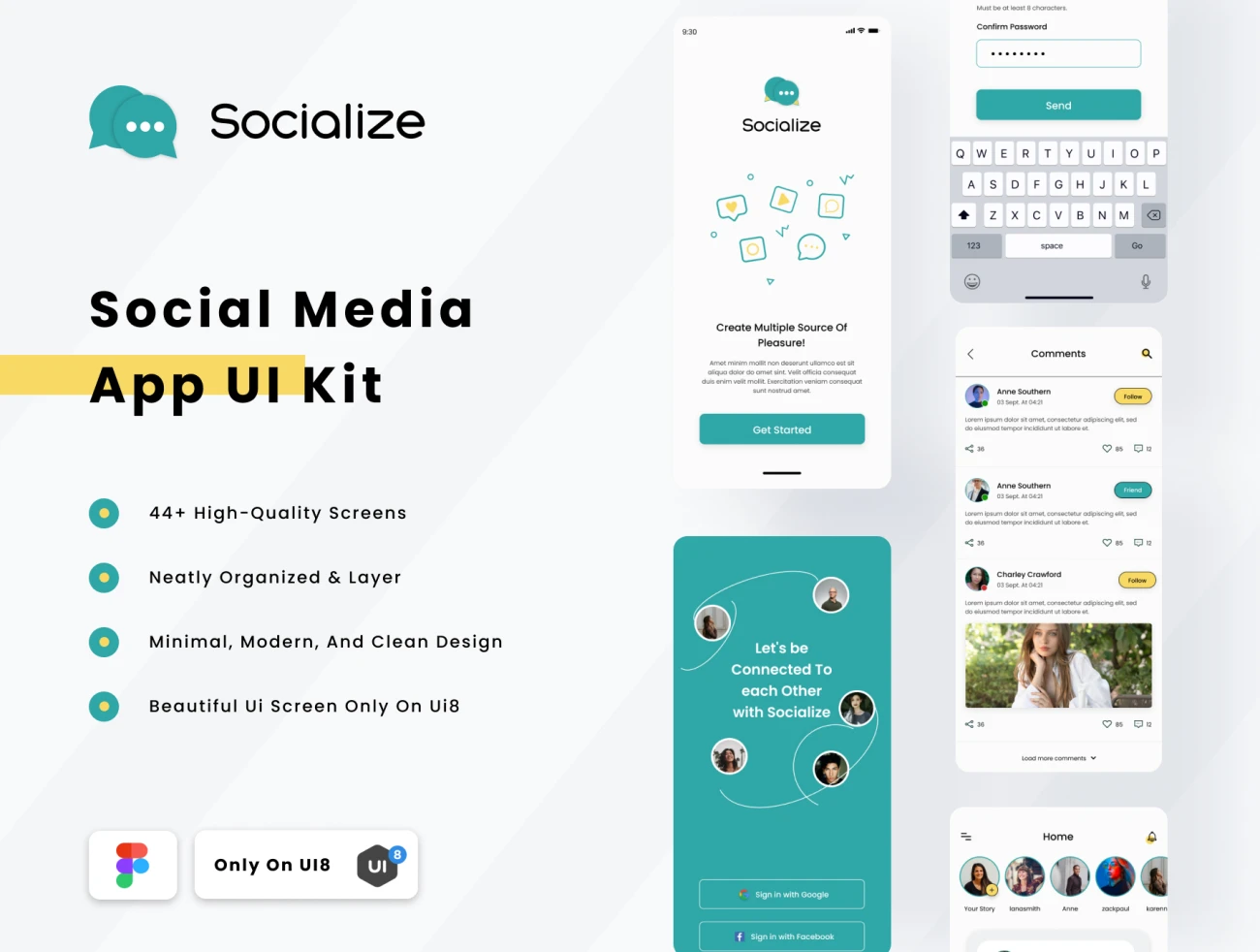 44屏社交媒体应用UI设计套件 Socialize – Social Media Mobile App Ui Kit .figma插图1