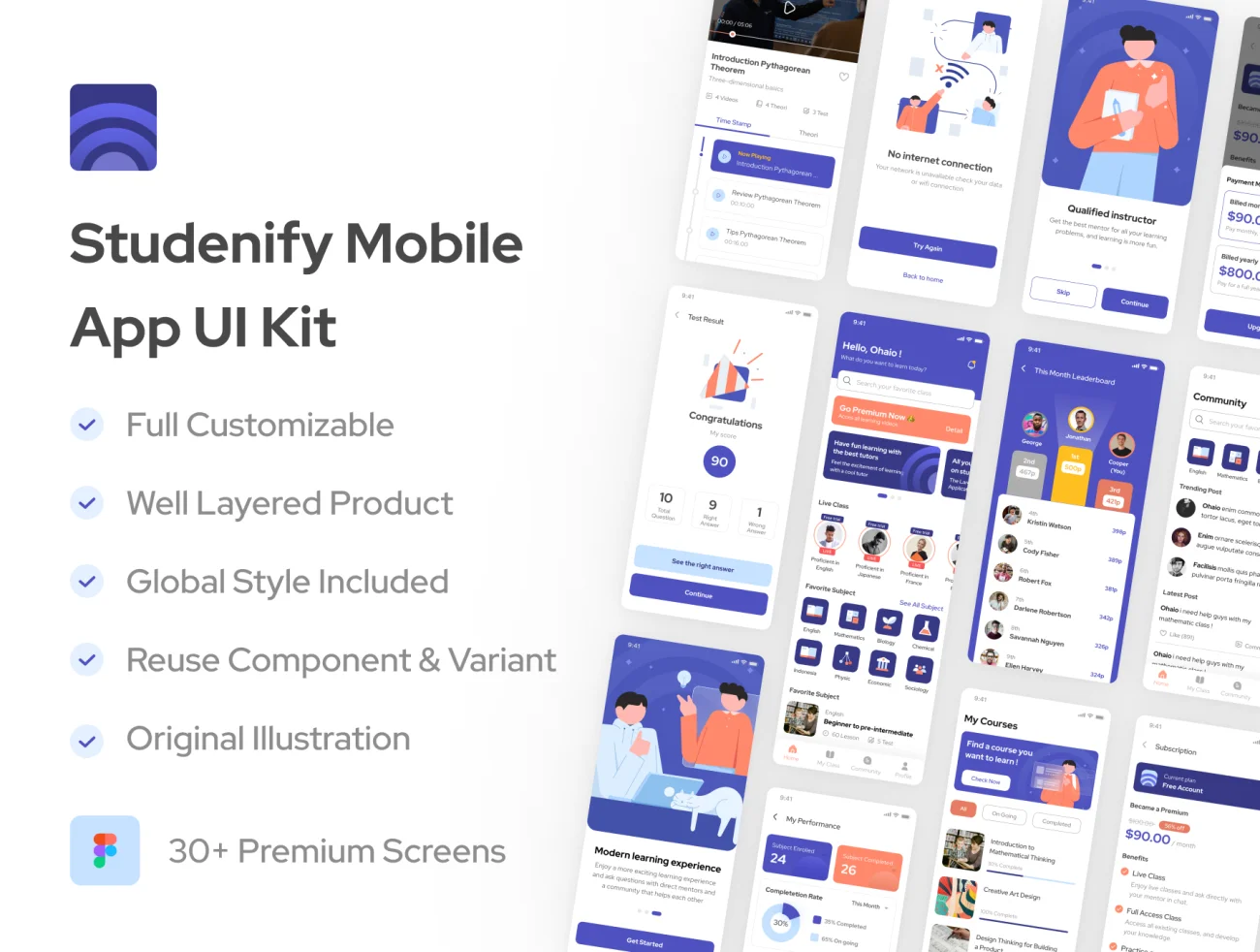 30屏高质量在线学习应用UI套件 Studenify - Elearning Mobile UI Kit .figma-UI/UX、ui套件、主页、应用-到位啦UI