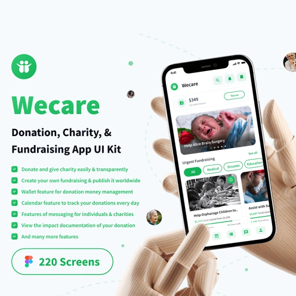 220屏慈善捐款应用UI设计套件 Wecare - Donation, Charity, & Fundraising App UI Kit .figma