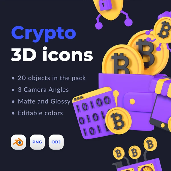 20款加密货币3D图标立体模型素材 Cryptocurrency 3D icons .blender