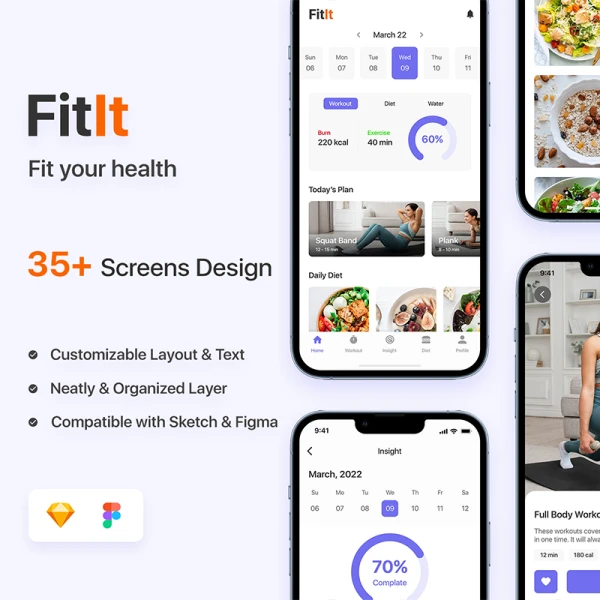 35屏健身应用UI设计套件 FitIt - Fitness App UI Kit .sketch .figma