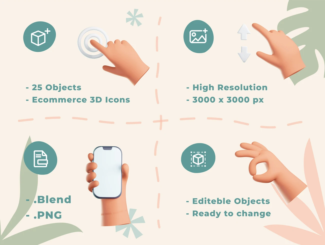 25款可爱3D手势交互样机模型 Hands Gesture 3D Icons .blender .psd插图11