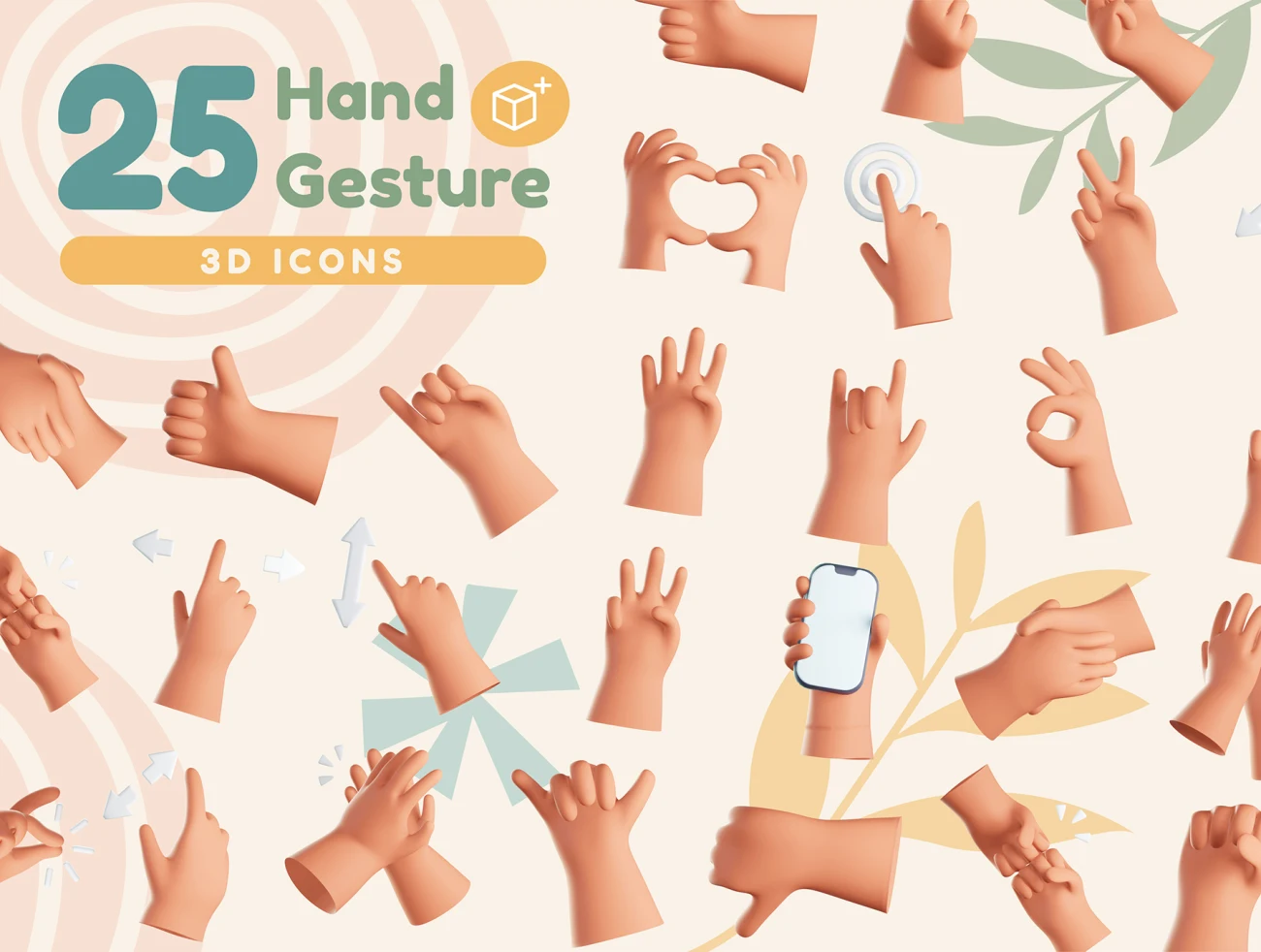 25款可爱3D手势交互样机模型 Hands Gesture 3D Icons .blender .psd插图1