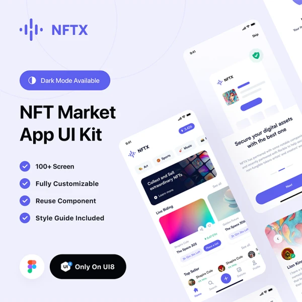 100屏高质量NFT交易平台应用程序UI设计套件工具包 NFTEX - NFT Market App UI Kit .figma