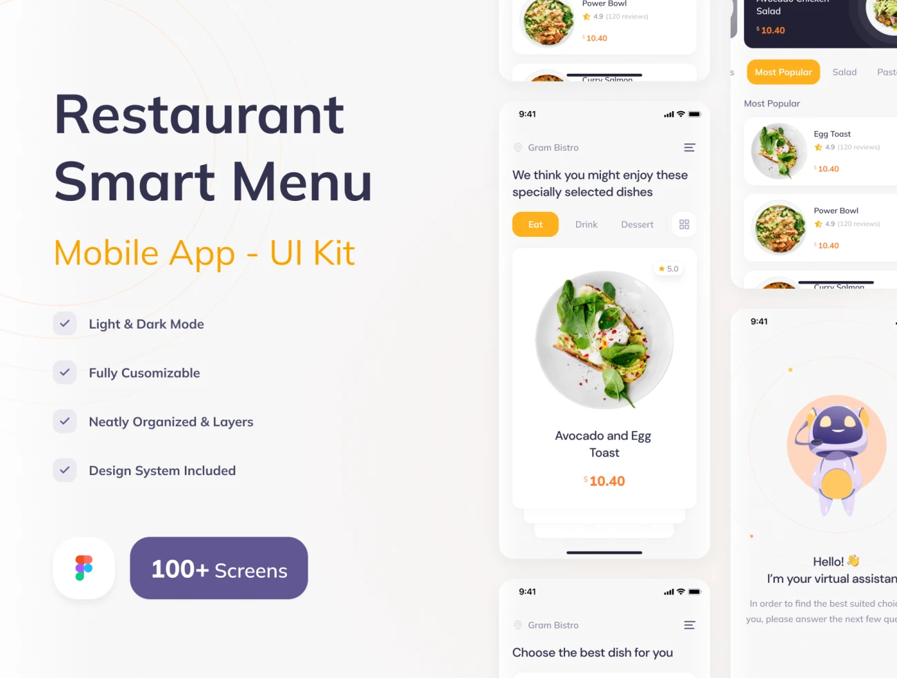 100屏点餐应用程序UI设计套件 Restaurant Smart menu .figma-UI/UX、ui套件、主页、付款、地图、应用、网购、详情、预订-到位啦UI