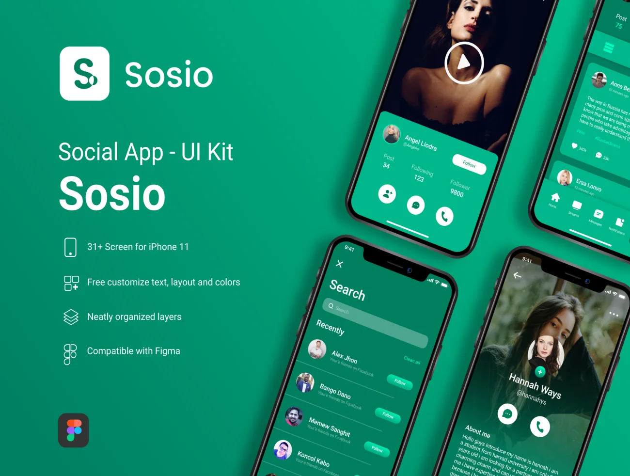 31屏高质量社交应用UI设计套件 Sosio - Social Application Mobile UI Kit .figma-UI/UX、ui套件、主页、博客、应用、社交、聊天-到位啦UI