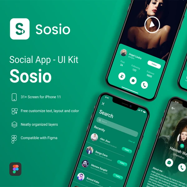 31屏高质量社交应用UI设计套件 Sosio - Social Application Mobile UI Kit .figma