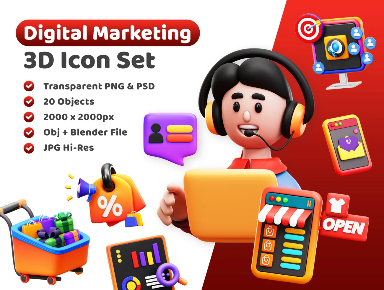 20款数字新媒体营销3D图标模型素材下载 3d Digital Marketing Icon .blender .psd插图1