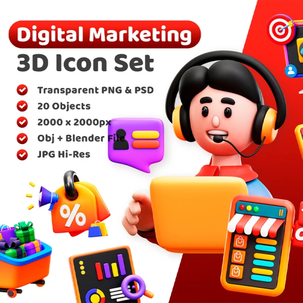 20款数字新媒体营销3D图标模型素材下载 3d Digital Marketing Icon .blender .psd
