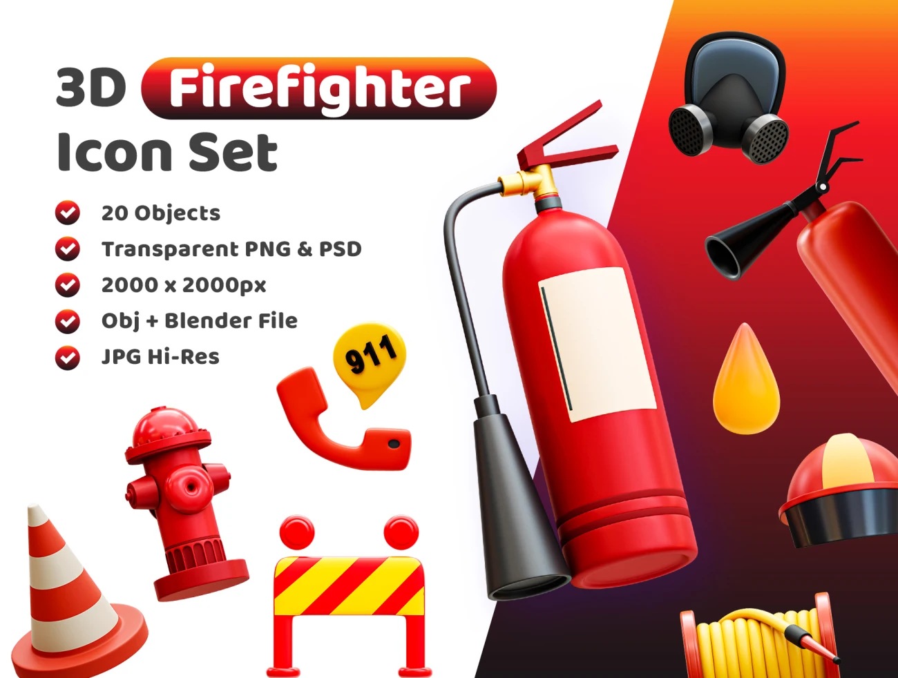 20款火灾消防救援3D图标模型素材下载 3d Firefighter Icon .blender .psd插图1