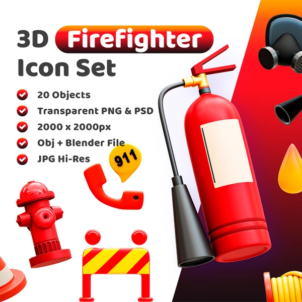 20款火灾消防救灾救援3D图标模型素材下载 3d Firefighter Icon .blender .psd