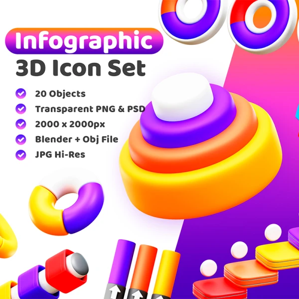 20款数据可视化信息图表展示3D图标模型素材下载 3d Infographic Icon .blender .psd