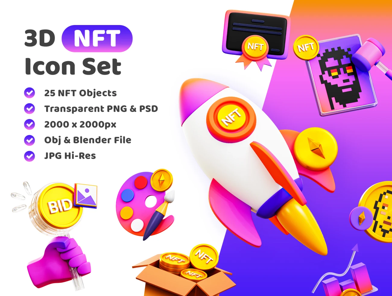 25款NFT数字货币3D图标模型素材下载 3D NFT Icon .blender .psd-3D/图标-到位啦UI