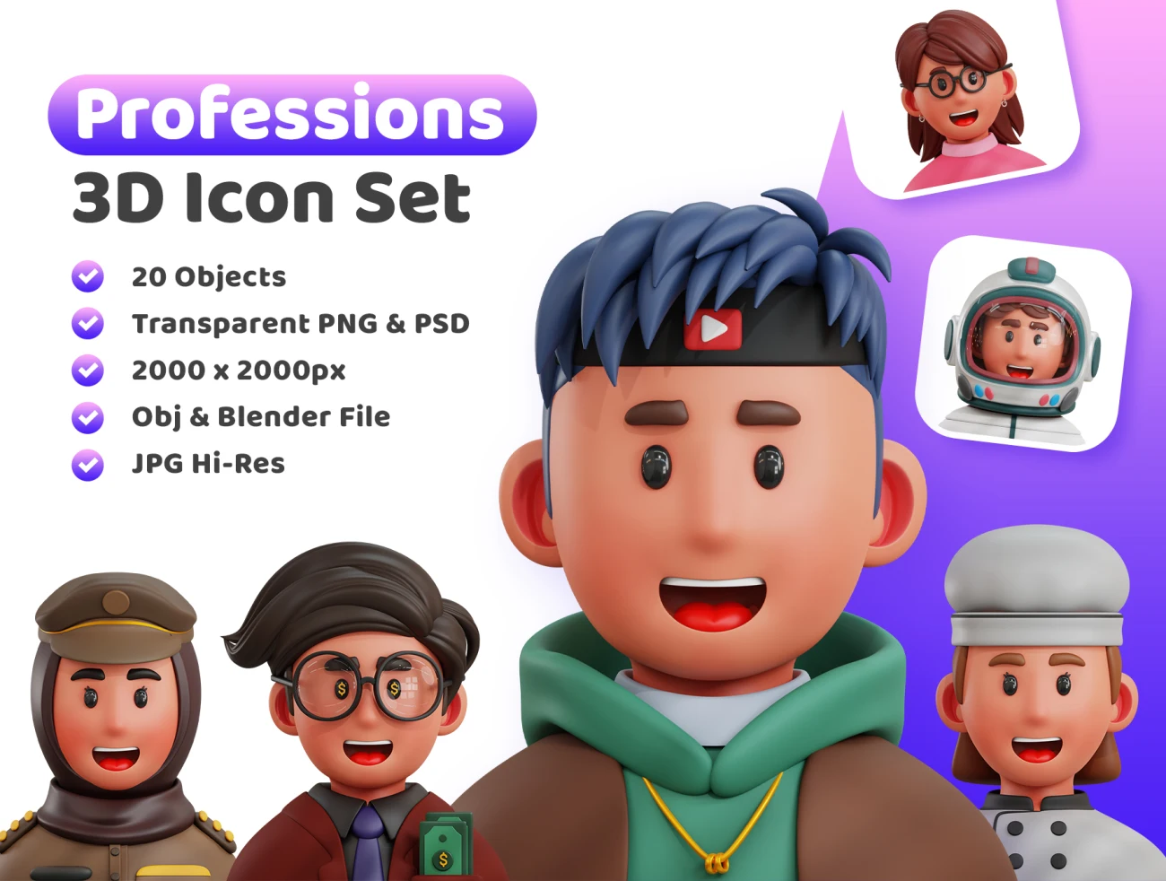 20款各行各业专业人物角色3D图标模型素材下载 3d Professions Icon .blender .psd插图1