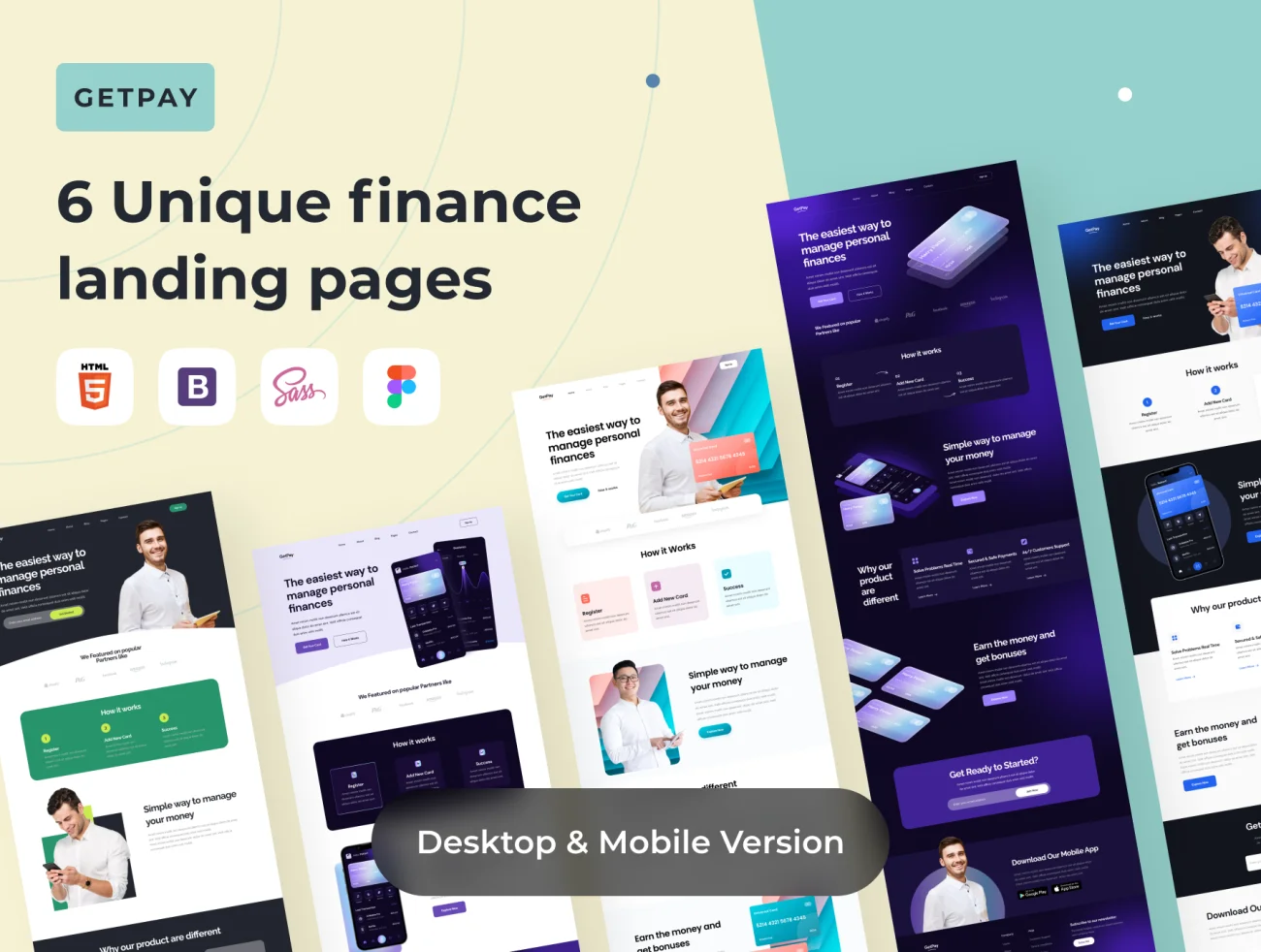 6个金融登陆着陆页模板含源码 GetPay - 6 Unique Finance Landing Pages .html .figma-UI/UX、ui套件、主页、介绍、博客、海报、源码、着陆页-到位啦UI