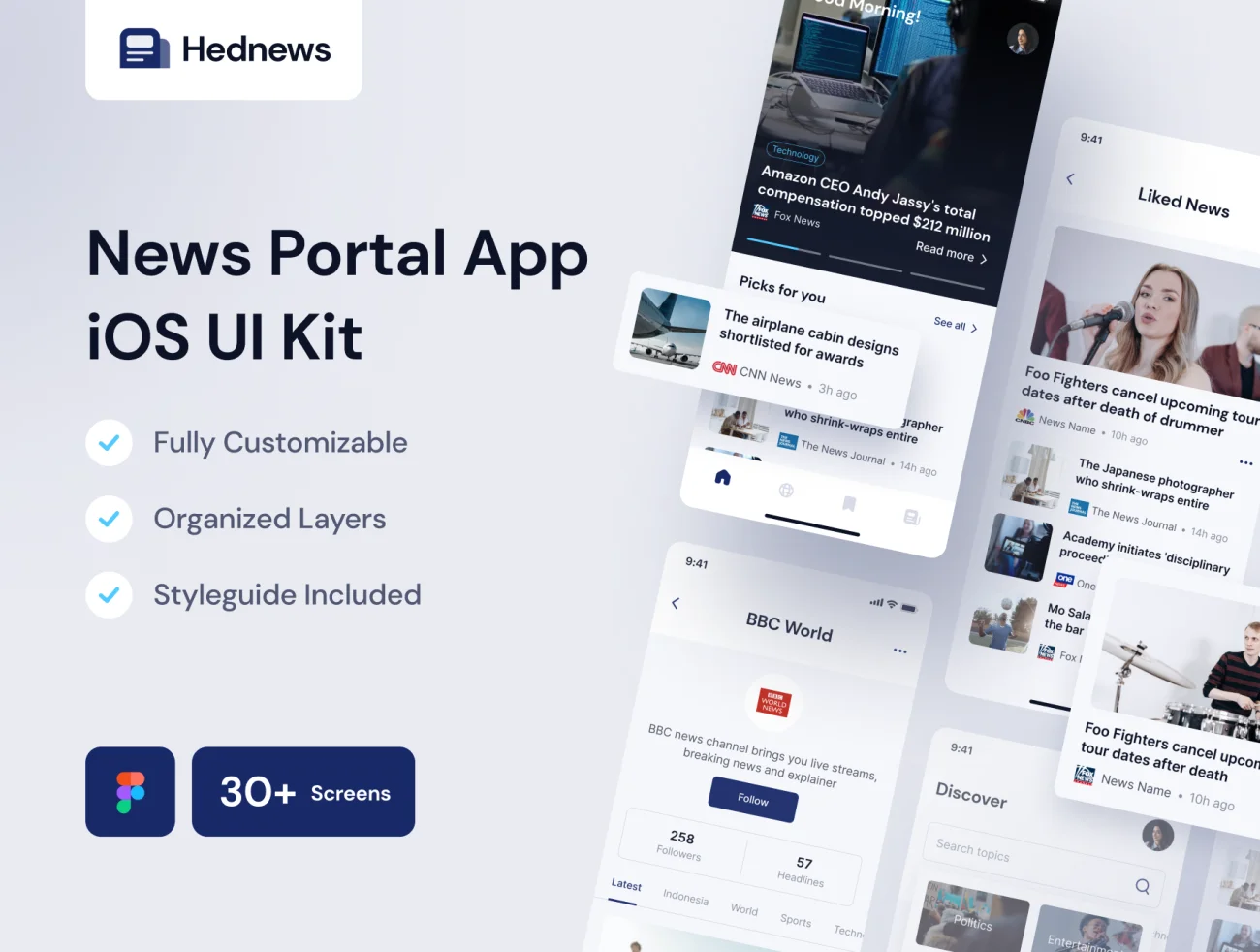 30屏新闻门户平台应用程序UI设计套件素材 Hednews – News Portal App UI Kit .figma插图1