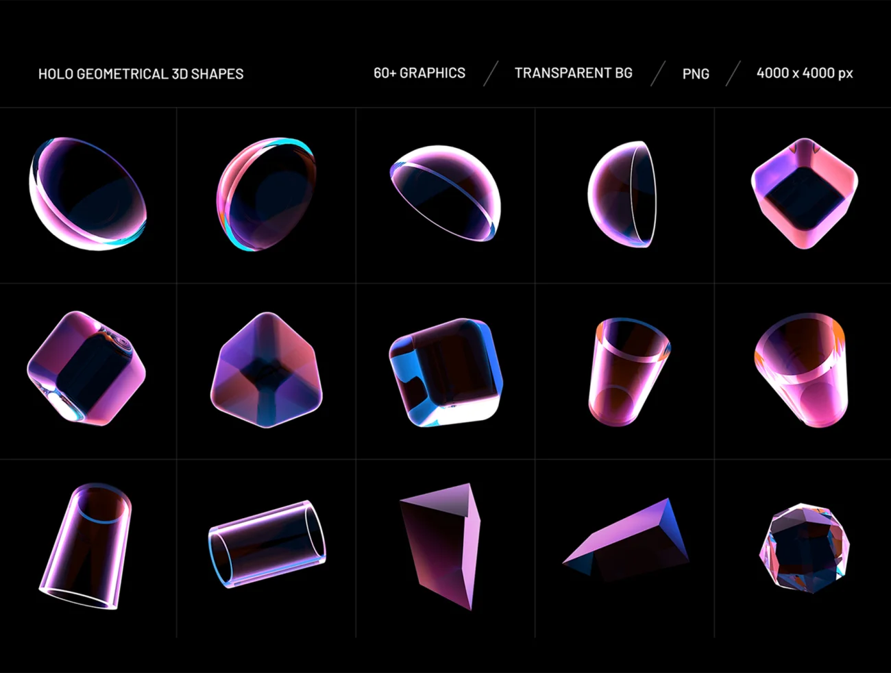 60款全息几何3D形状模型素材 Holo Geometrical 3D Shapes Collection .sketch .psd .ai .ae .id .ppt .xd .figma .an插图1