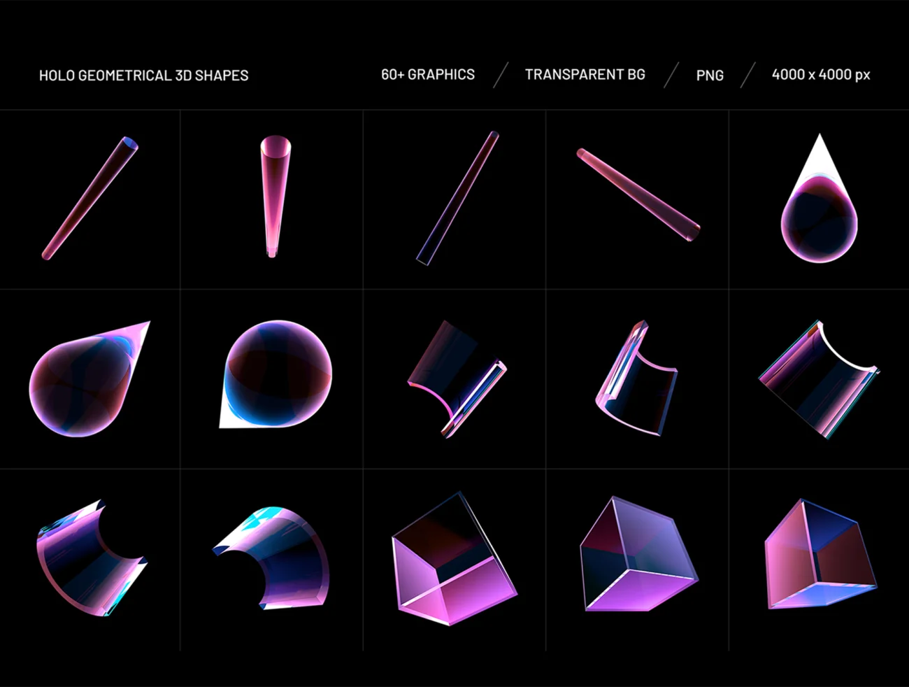 60款全息几何3D形状模型素材 Holo Geometrical 3D Shapes Collection .sketch .psd .ai .ae .id .ppt .xd .figma .an插图3