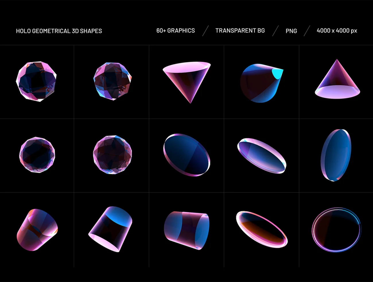 60款全息几何3D形状模型素材 Holo Geometrical 3D Shapes Collection .sketch .psd .ai .ae .id .ppt .xd .figma .an插图7