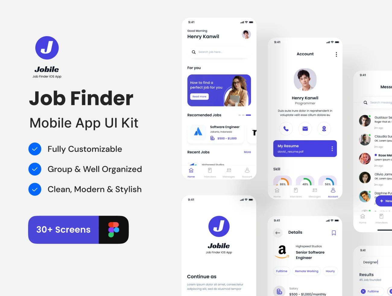 30屏高质量求职招聘应用UI套件下载 Jobile – Job Finder App Ui Kit .figma插图1