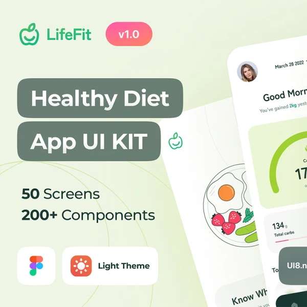 50屏健康饮食卡路里计数器应用程序UI套件 LifeFit - Healthy Diet Calory Counter App UI Kit .figma