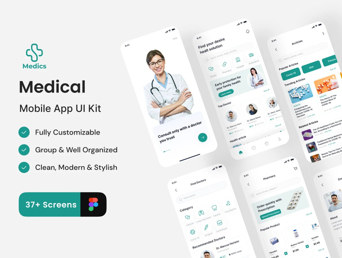 37屏手机在线挂号医院医疗应用UI设计套件 Medics - Medical App UI Kit .figma-UI/UX、ui套件、主页、付款、应用、支付、注册、详情-到位啦UI