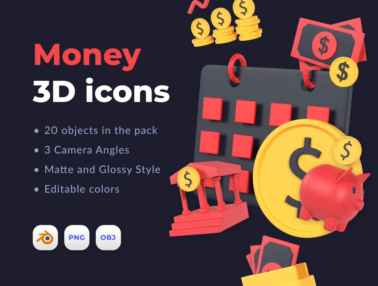 20款货币3D图标blender模型素材 Money 3D icons .blender插图1