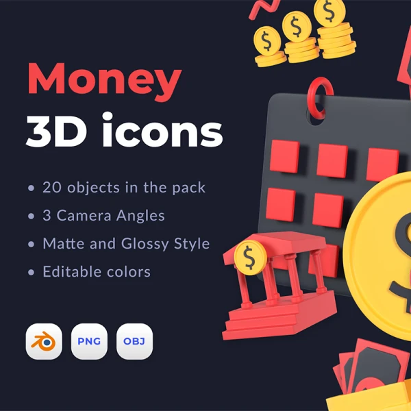 20款货币3D图标blender模型素材 Money 3D icons .blender