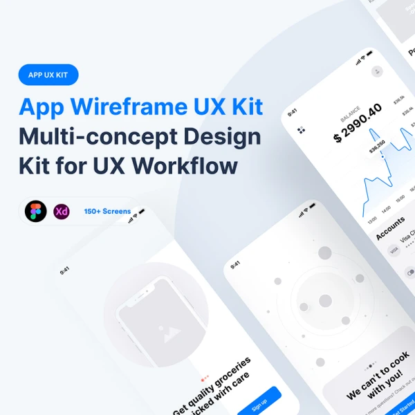 150屏概念应用程序线框UX套件 Multi-concept App Wireframe UX Kit .xd .figma