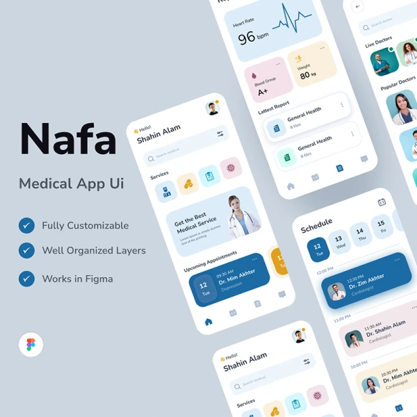 37屏医疗应用程序UI设计套件 Nafa - Medical App Design .figma