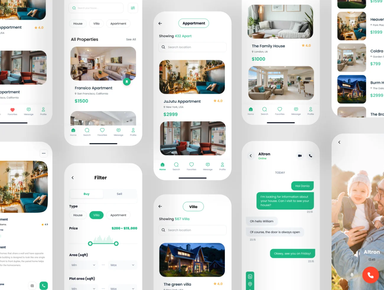 45屏地产租房售房应用程序设计套件 R-Estate- Real Estate App UI KIT .figma-UI/UX、ui套件、主页、介绍、付款、图表、应用、播放器、聊天、表单、详情、预订-到位啦UI