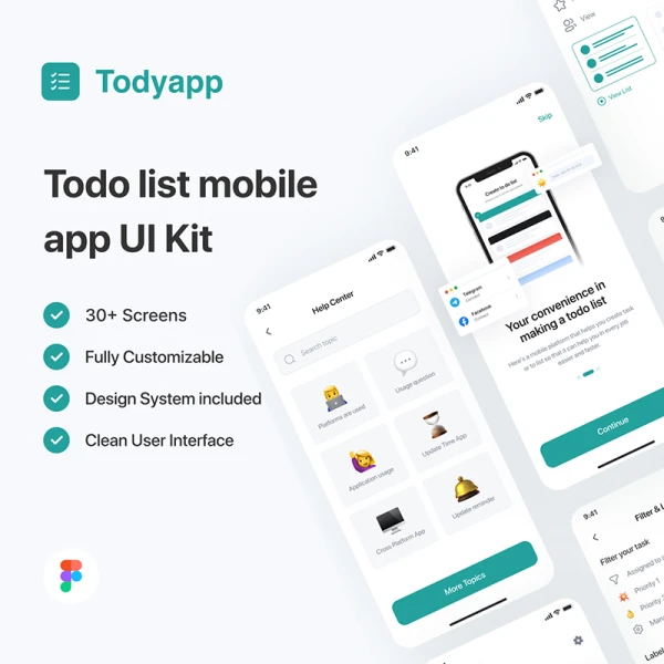 30屏待办事项应用程序UI套件 Todyapp - Todo List Mobile App UI Kit .figma