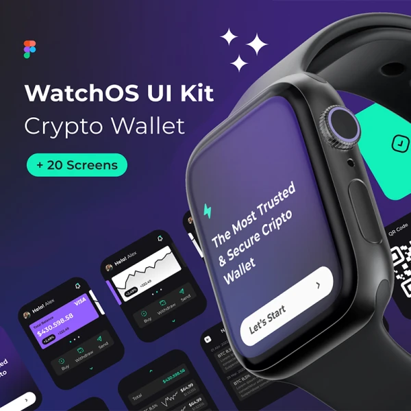20屏手表加密电子钱包应用UI设计套件 WatchOS UI Kit - Crypto Wallet .figma