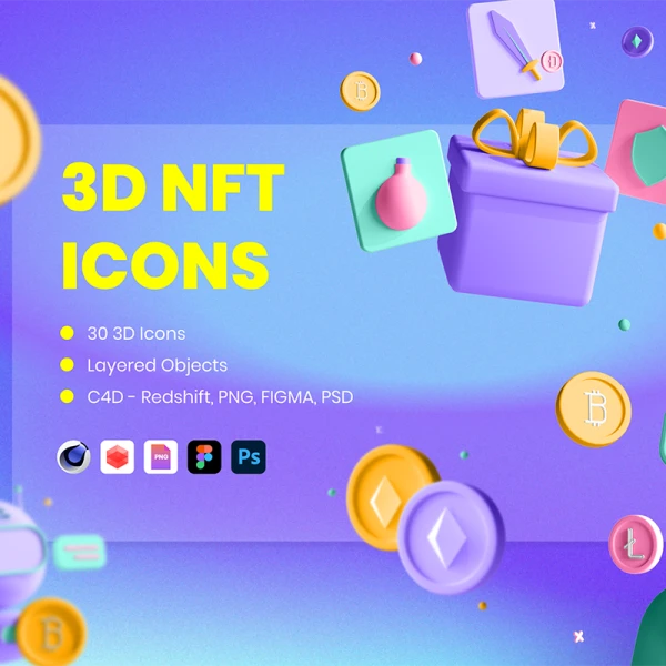 30款NFT科技3D立体图标模型 30 3D Icons Illustration NFT Technology .c4d .psd .figma