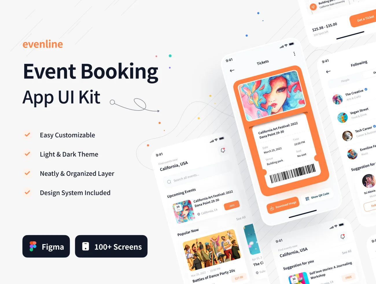 100屏高级活动门票预订应用程序UI套件 Evenline – Event Booking App UI Kit .figma插图1