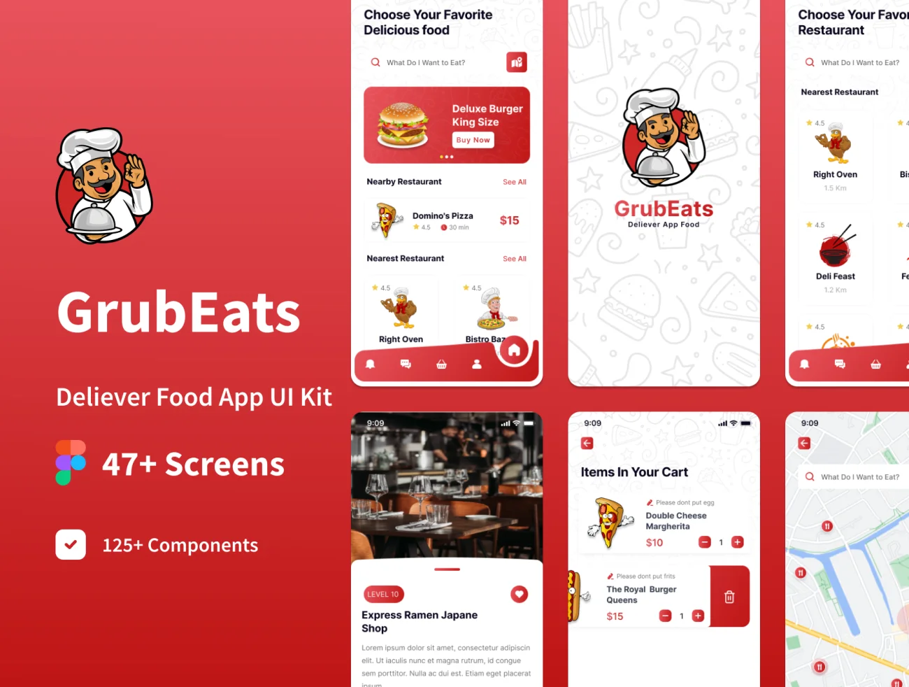47屏点餐配送应用UI设计套件 GrubEats Delivery App Food UI Kit .figma插图1