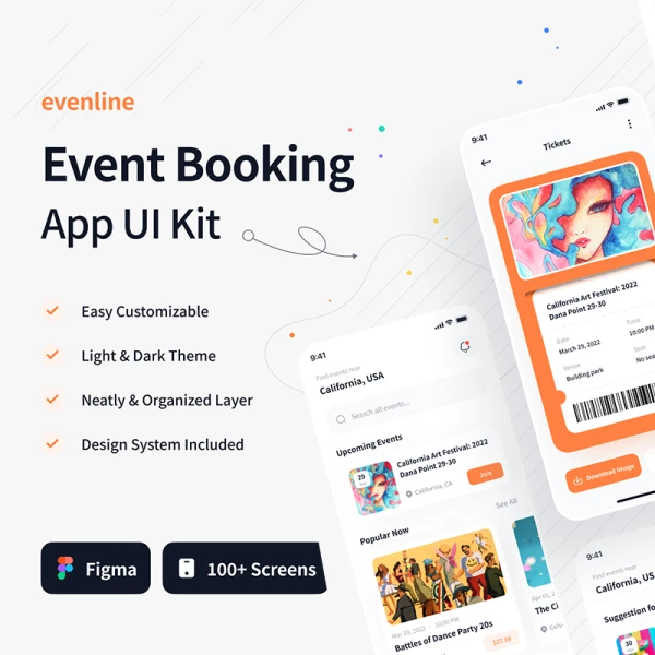 100屏高级活动门票预订应用程序UI套件 Evenline - Event Booking App UI Kit .figma