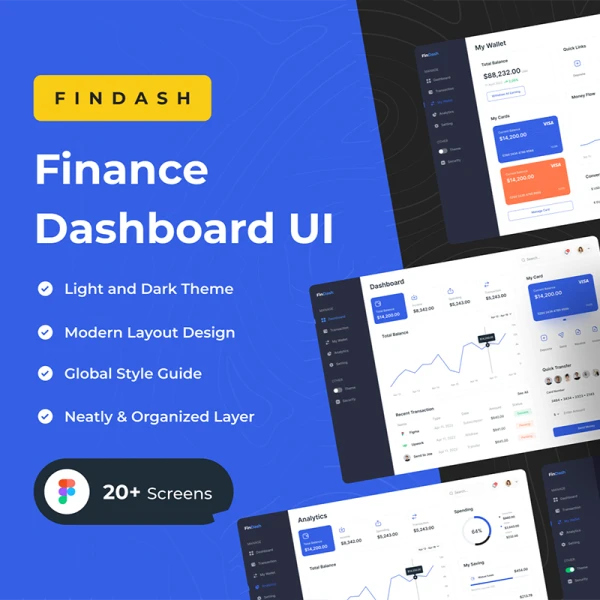 20屏现代财务数据可视化仪表板UI设计工具包套件 FinDash - Finance Dashboard UI Kits .figma