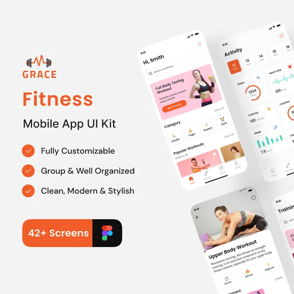 42屏女性健身应用UI设计套件 Grace - Fitness App UI Kit .figma