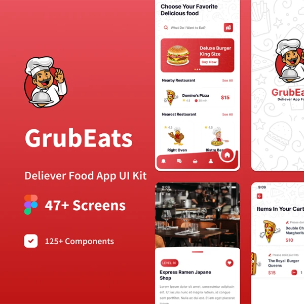 47屏点餐配送应用UI设计套件 GrubEats Delivery App Food UI Kit .figma