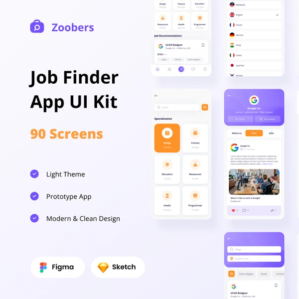 90屏求职招聘应用UI设计套件 Job Finder App UI Kit .sketch .xd .figma