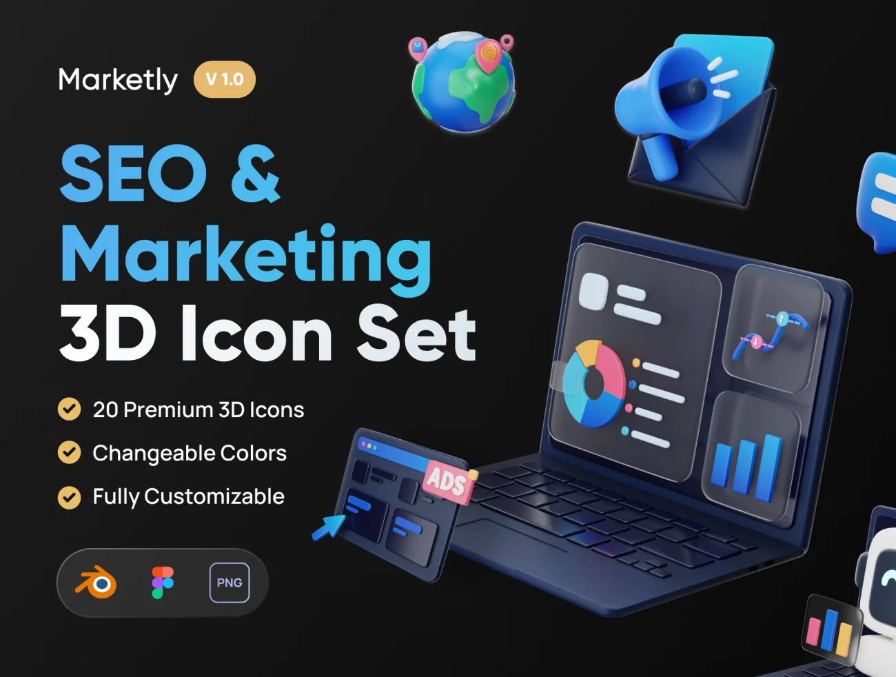 20款SEO搜索引擎营销推广金融科技3D图标模型素材 Marketly – SEO & Marketing 3D Icon Set .figma .blender插图1