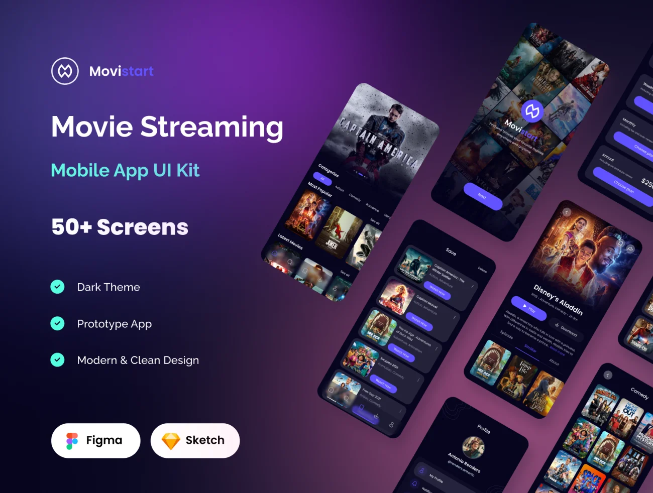 50屏电影流媒体播放应用UI套件 Movie Streaming App UI Kit .sketch .xd .figma插图1