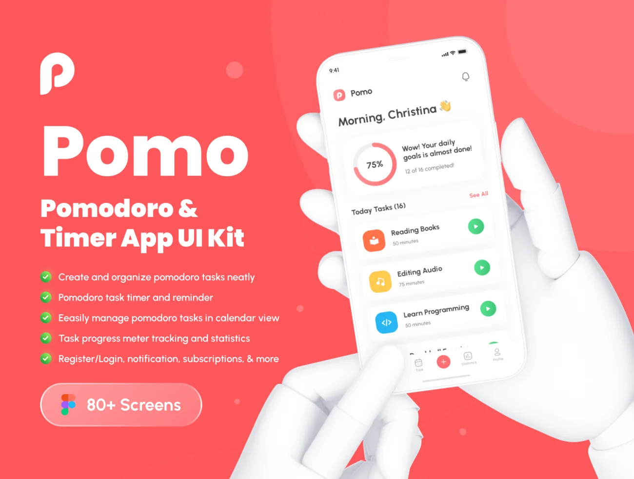 80屏番茄工作法计时器应用程序UI套件 Pomo – Pomodoro & Timer App UI Kit .figma插图1