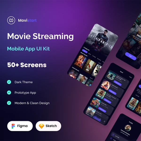 50屏电影流媒体播放应用UI套件 Movie Streaming App UI Kit .sketch .xd .figma