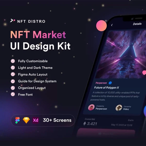 30屏NFT交易市场UI设计工具包 NFT Distro - NFT Market UI Design Kit .sketch .xd .figma