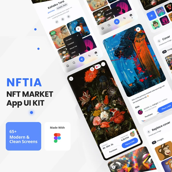 65屏NFT交易平台UI设计工具包 NFTIA - NFT App UI Kit .figma