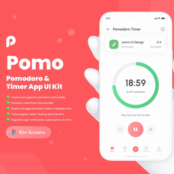 80屏番茄工作法计时器应用程序UI套件 Pomo - Pomodoro & Timer App UI Kit .figma